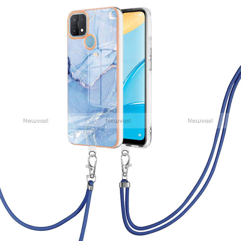 Silicone Candy Rubber Gel Fashionable Pattern Soft Case Cover with Lanyard Strap YB7 for Oppo A15 Blue