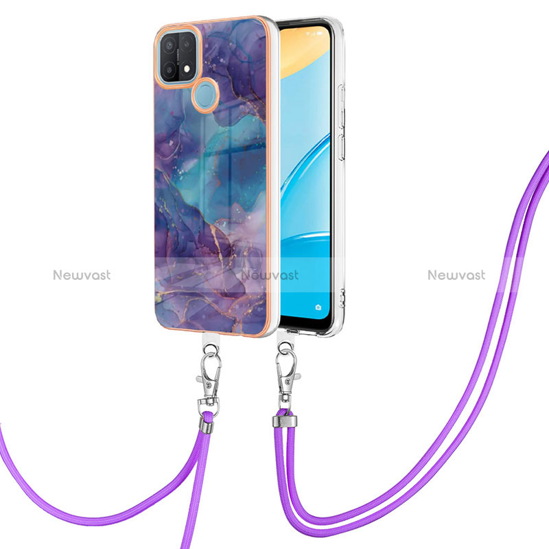 Silicone Candy Rubber Gel Fashionable Pattern Soft Case Cover with Lanyard Strap YB7 for Oppo A15 Purple