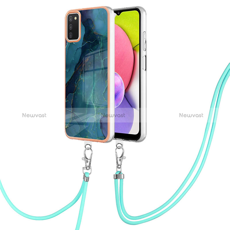 Silicone Candy Rubber Gel Fashionable Pattern Soft Case Cover with Lanyard Strap YB7 for Samsung Galaxy A02s Green