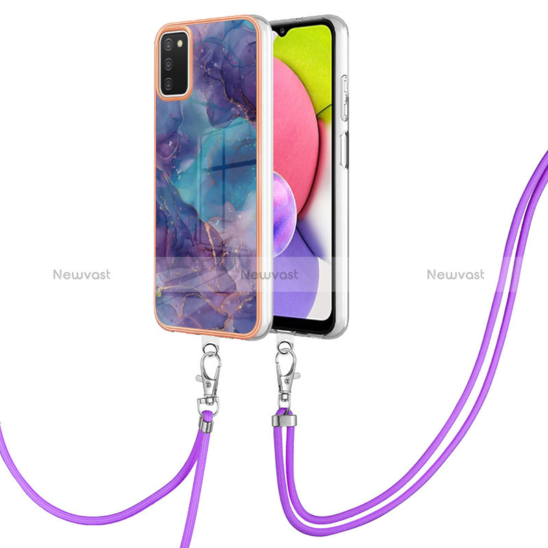 Silicone Candy Rubber Gel Fashionable Pattern Soft Case Cover with Lanyard Strap YB7 for Samsung Galaxy A02s Purple