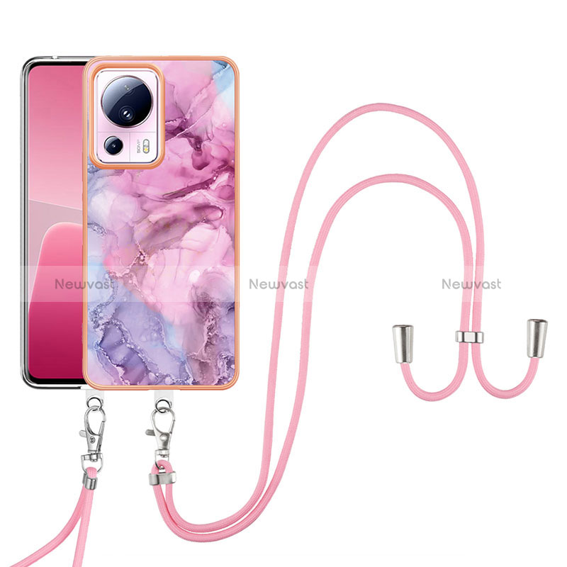 Silicone Candy Rubber Gel Fashionable Pattern Soft Case Cover with Lanyard Strap YB7 for Xiaomi Mi 13 Lite 5G Clove Purple