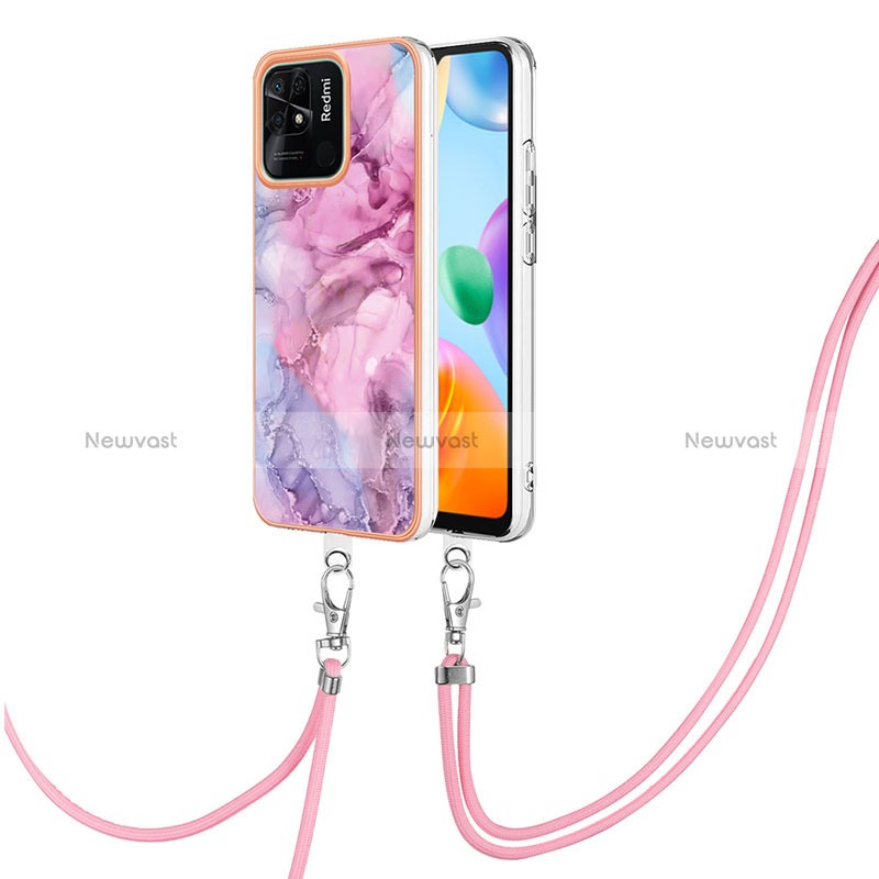 Silicone Candy Rubber Gel Fashionable Pattern Soft Case Cover with Lanyard Strap YB7 for Xiaomi Redmi 10 Power Clove Purple