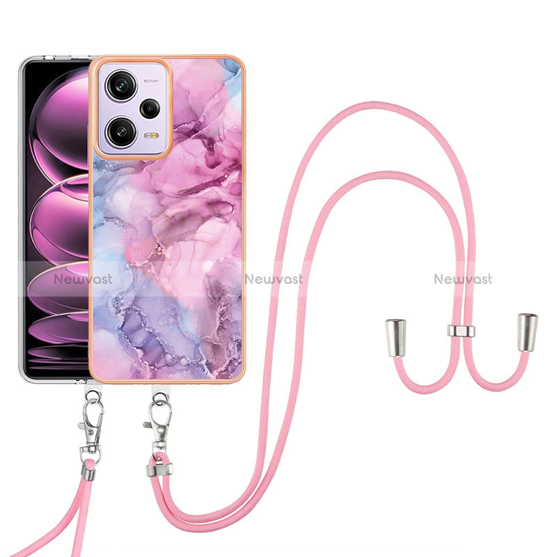 Silicone Candy Rubber Gel Fashionable Pattern Soft Case Cover with Lanyard Strap YB7 for Xiaomi Redmi Note 12 Pro 5G Clove Purple