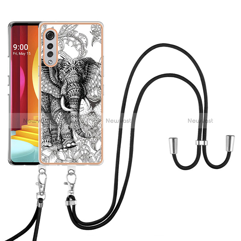 Silicone Candy Rubber Gel Fashionable Pattern Soft Case Cover with Lanyard Strap YB8 for LG Velvet 4G Gray