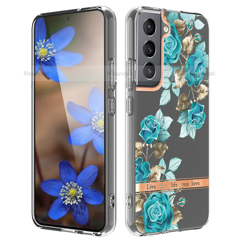 Silicone Candy Rubber Gel Flowers Soft Case Cover for Samsung Galaxy S21 FE 5G Cyan