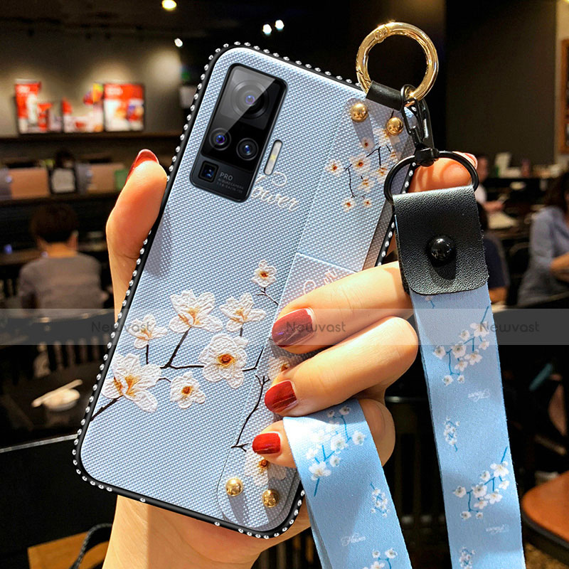 Silicone Candy Rubber Gel Flowers Soft Case Cover for Vivo X50 Pro 5G Sky Blue