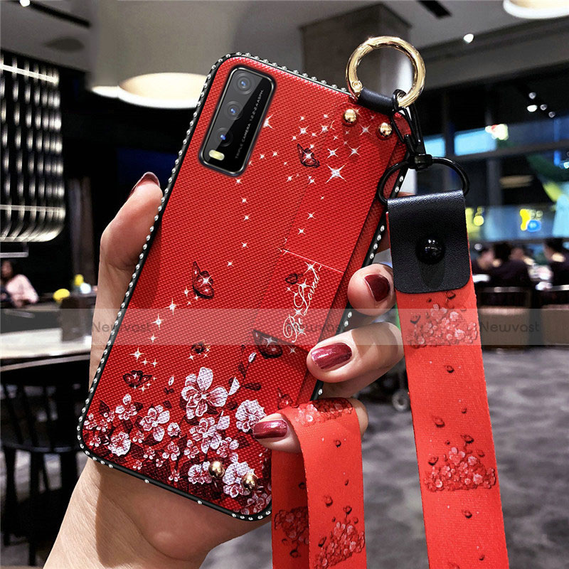 Silicone Candy Rubber Gel Flowers Soft Case Cover for Vivo Y20i India Red