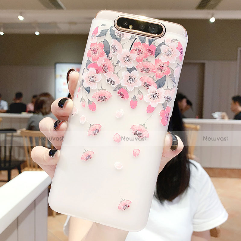 Silicone Candy Rubber Gel Flowers Soft Case Cover S01 for Samsung Galaxy A80 Pink