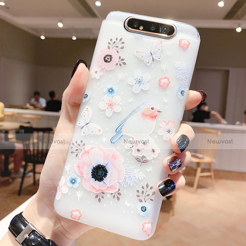 Silicone Candy Rubber Gel Flowers Soft Case Cover S01 for Samsung Galaxy A80 Sky Blue