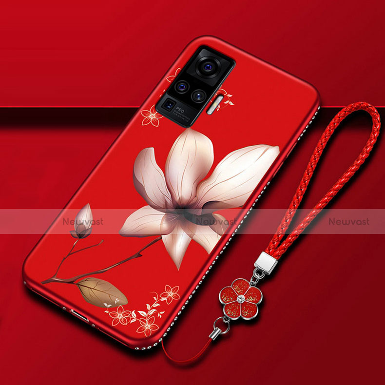 Silicone Candy Rubber Gel Flowers Soft Case Cover S01 for Vivo X50 Pro 5G Red Wine