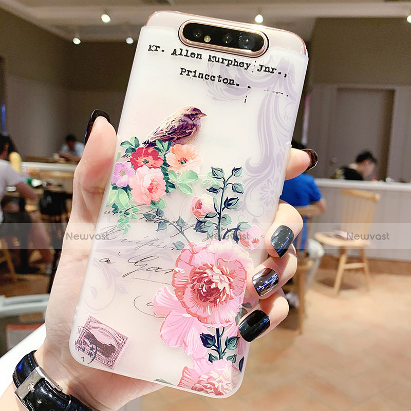 Silicone Candy Rubber Gel Flowers Soft Case Cover S02 for Samsung Galaxy A80 Rose Gold
