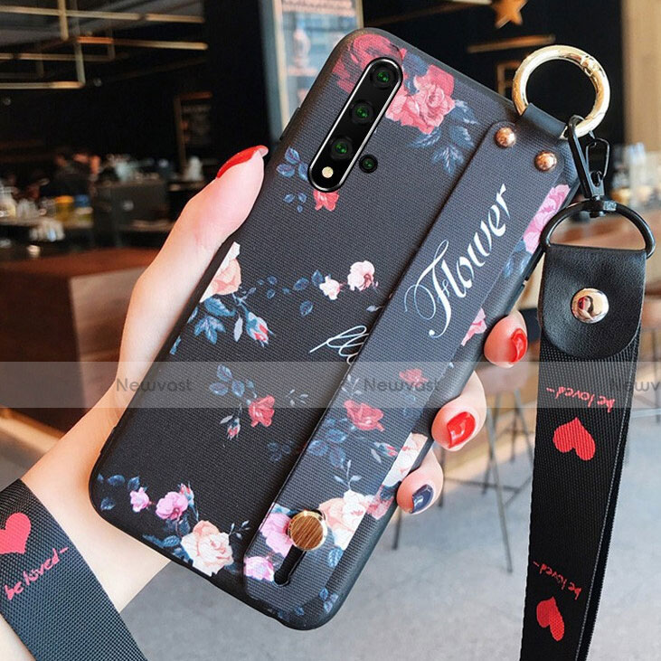 Silicone Candy Rubber Gel Flowers Soft Case Cover S04 for Huawei Honor 20 Black
