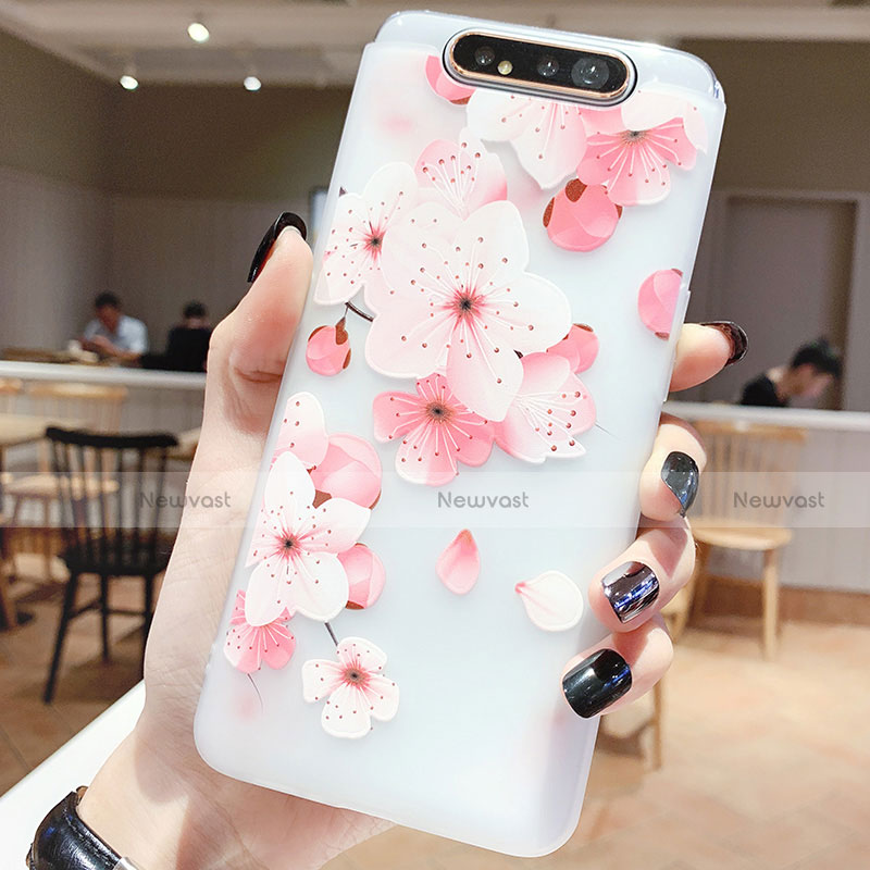 Silicone Candy Rubber Gel Flowers Soft Case Cover S04 for Samsung Galaxy A80 Hot Pink