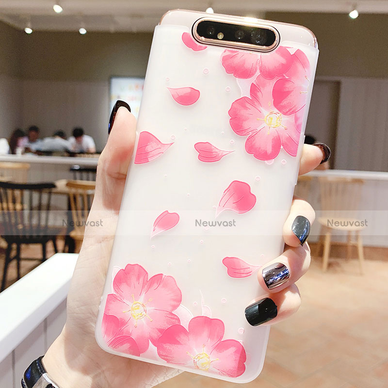 Silicone Candy Rubber Gel Flowers Soft Case Cover S05 for Samsung Galaxy A80 Pink