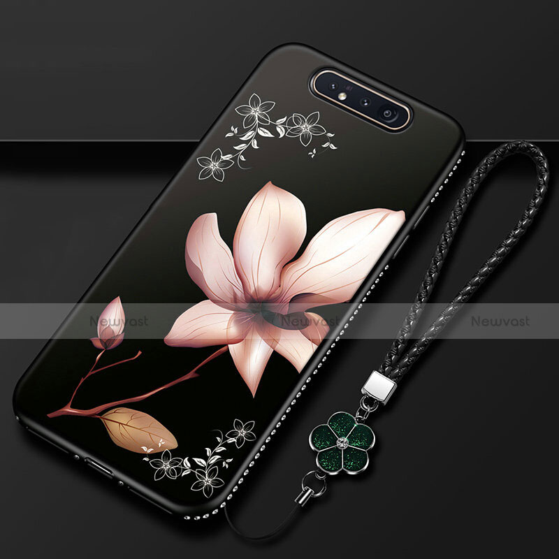 Silicone Candy Rubber Gel Flowers Soft Case Cover S06 for Samsung Galaxy A80 Brown