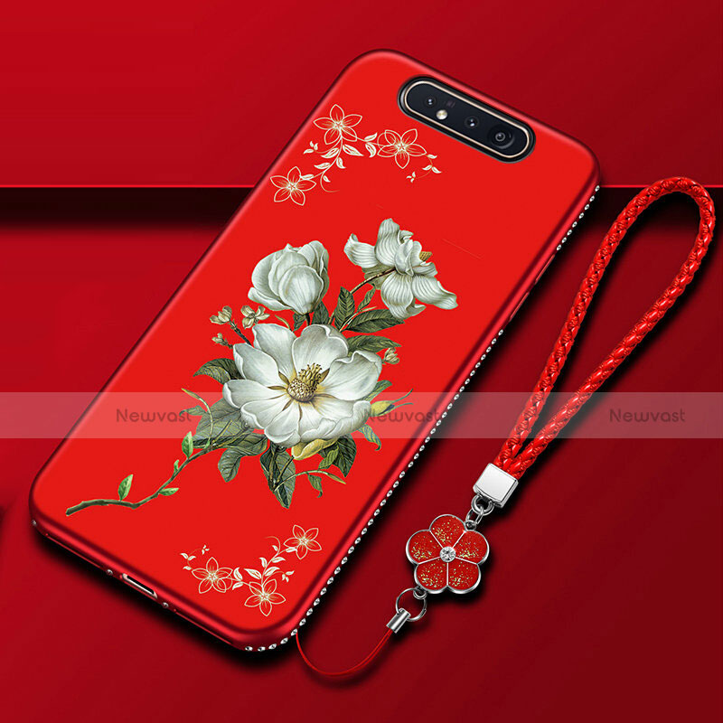 Silicone Candy Rubber Gel Flowers Soft Case Cover S06 for Samsung Galaxy A80 Red