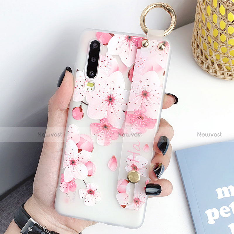 Silicone Candy Rubber Gel Flowers Soft Case Cover S07 for Huawei P30 Hot Pink