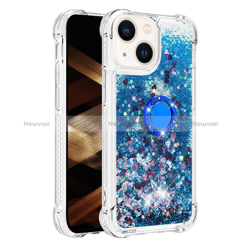 Silicone Candy Rubber TPU Bling-Bling Soft Case Cover with Finger Ring Stand S01 for Apple iPhone 13 Blue