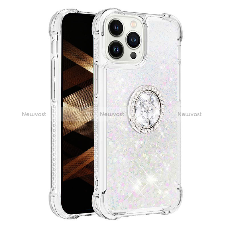 Silicone Candy Rubber TPU Bling-Bling Soft Case Cover with Finger Ring Stand S01 for Apple iPhone 13 Pro Silver