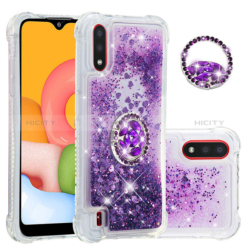 Silicone Candy Rubber TPU Bling-Bling Soft Case Cover with Finger Ring Stand S01 for Samsung Galaxy A01 SM-A015 Purple