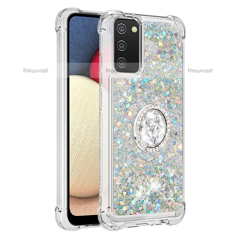 Silicone Candy Rubber TPU Bling-Bling Soft Case Cover with Finger Ring Stand S01 for Samsung Galaxy A02s Silver