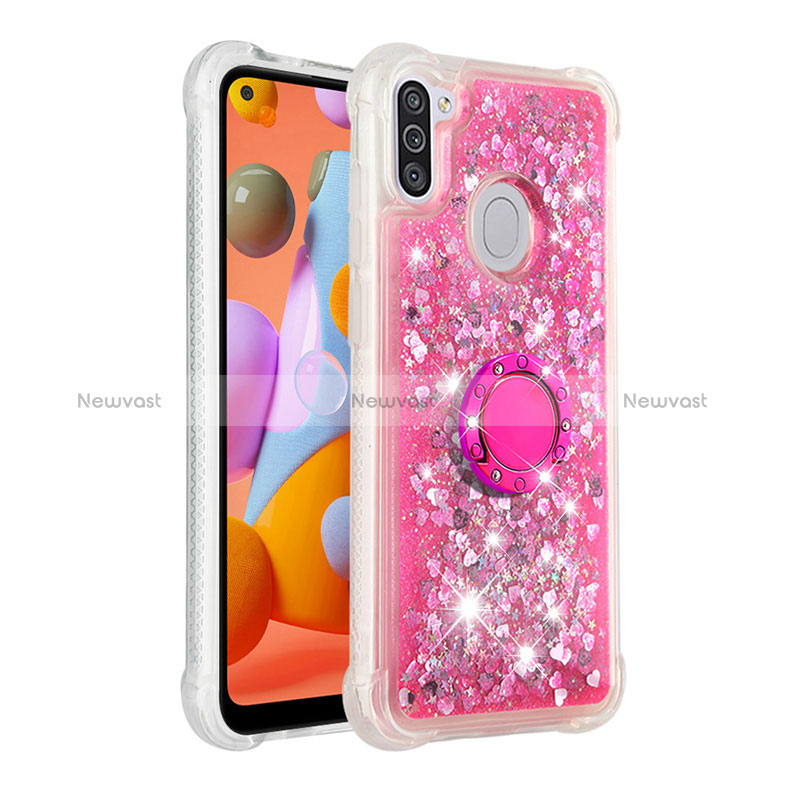Silicone Candy Rubber TPU Bling-Bling Soft Case Cover with Finger Ring Stand S01 for Samsung Galaxy A11 Hot Pink