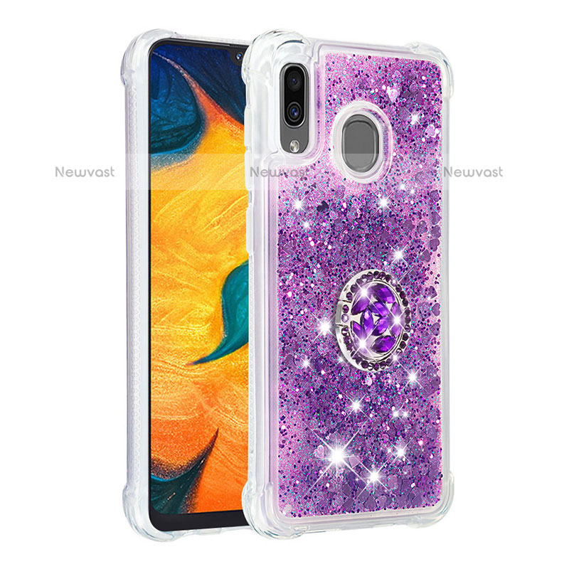 Silicone Candy Rubber TPU Bling-Bling Soft Case Cover with Finger Ring Stand S01 for Samsung Galaxy A20 Purple