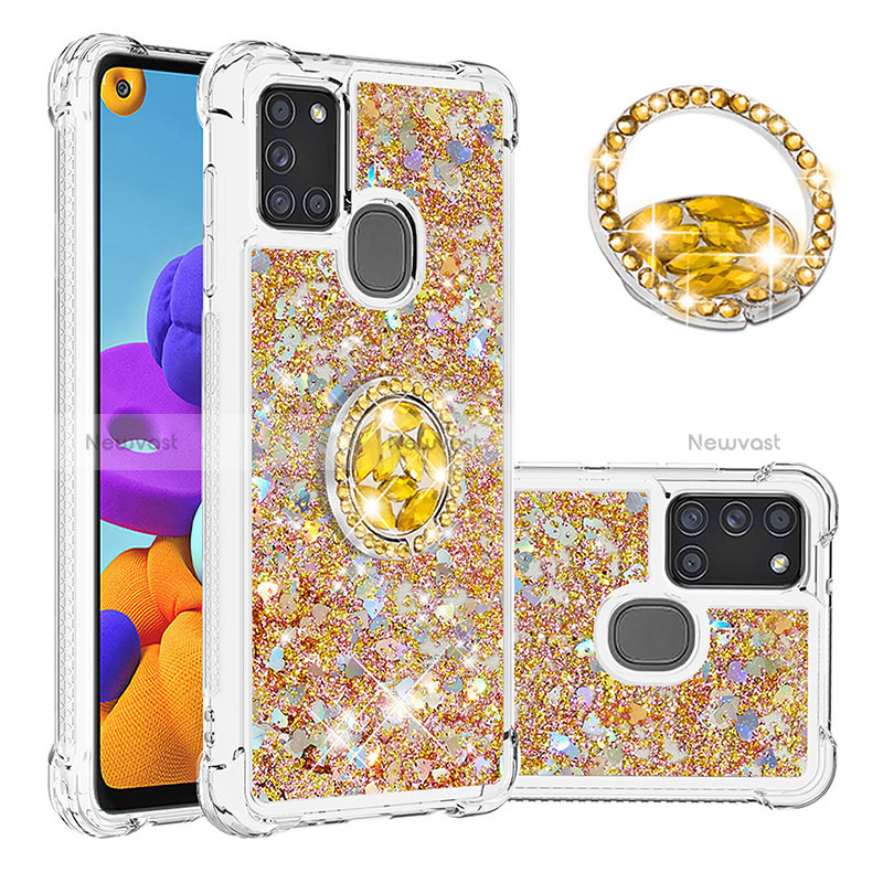 Silicone Candy Rubber TPU Bling-Bling Soft Case Cover with Finger Ring Stand S01 for Samsung Galaxy A21s