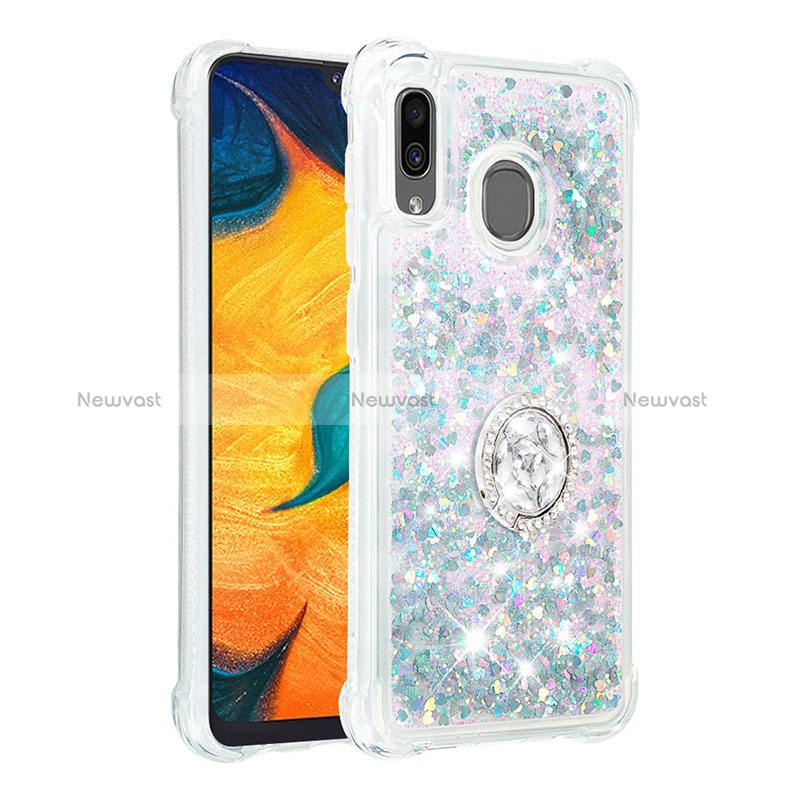 Silicone Candy Rubber TPU Bling-Bling Soft Case Cover with Finger Ring Stand S01 for Samsung Galaxy A30 Silver