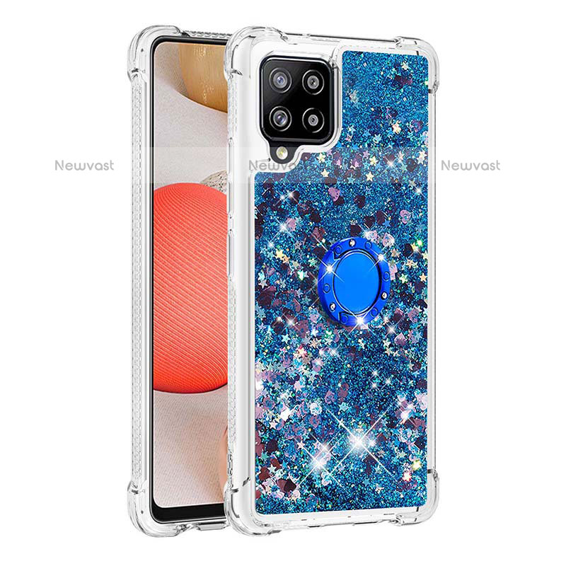 Silicone Candy Rubber TPU Bling-Bling Soft Case Cover with Finger Ring Stand S01 for Samsung Galaxy A42 5G Blue