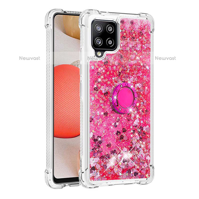 Silicone Candy Rubber TPU Bling-Bling Soft Case Cover with Finger Ring Stand S01 for Samsung Galaxy A42 5G Hot Pink