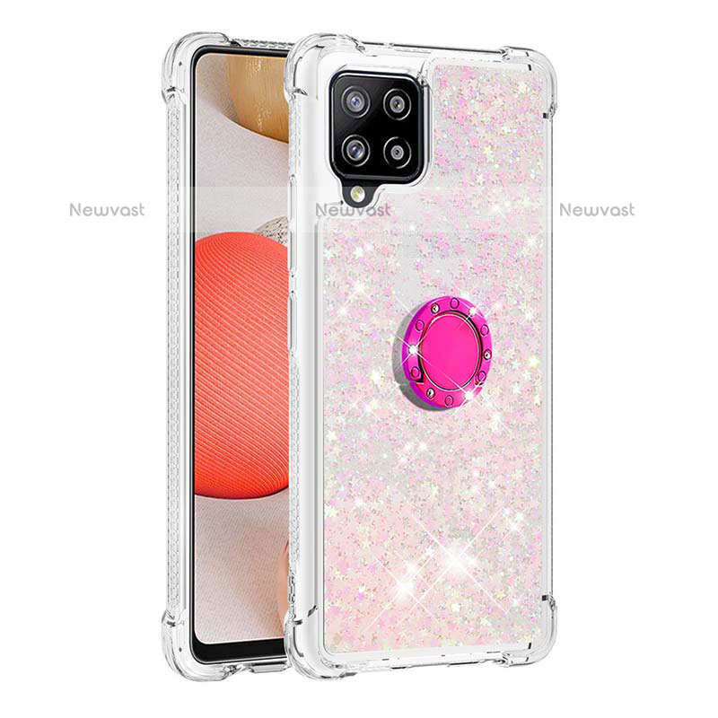 Silicone Candy Rubber TPU Bling-Bling Soft Case Cover with Finger Ring Stand S01 for Samsung Galaxy A42 5G Pink