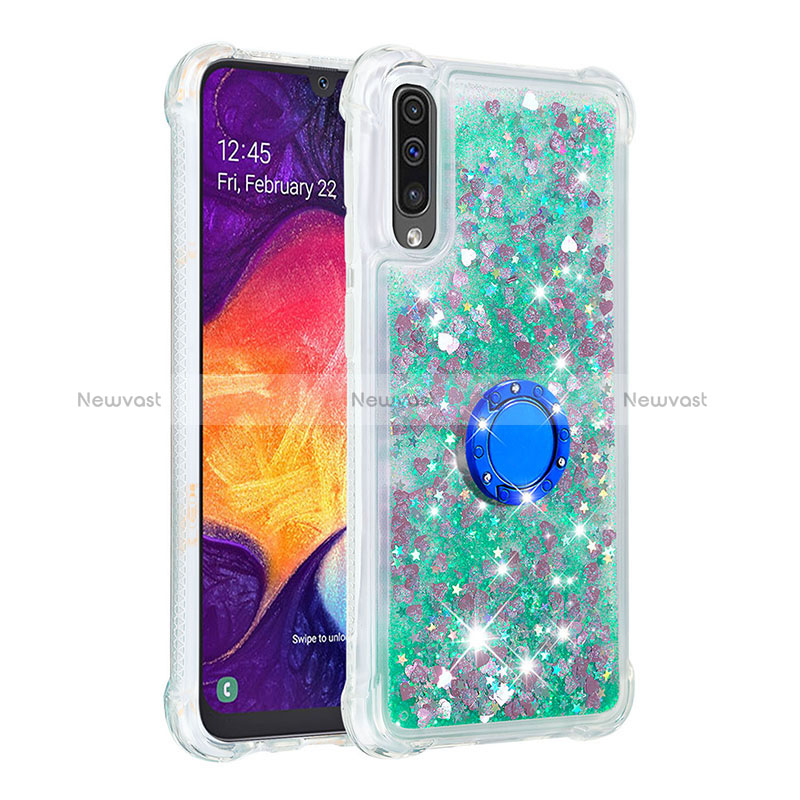 Silicone Candy Rubber TPU Bling-Bling Soft Case Cover with Finger Ring Stand S01 for Samsung Galaxy A50 Green