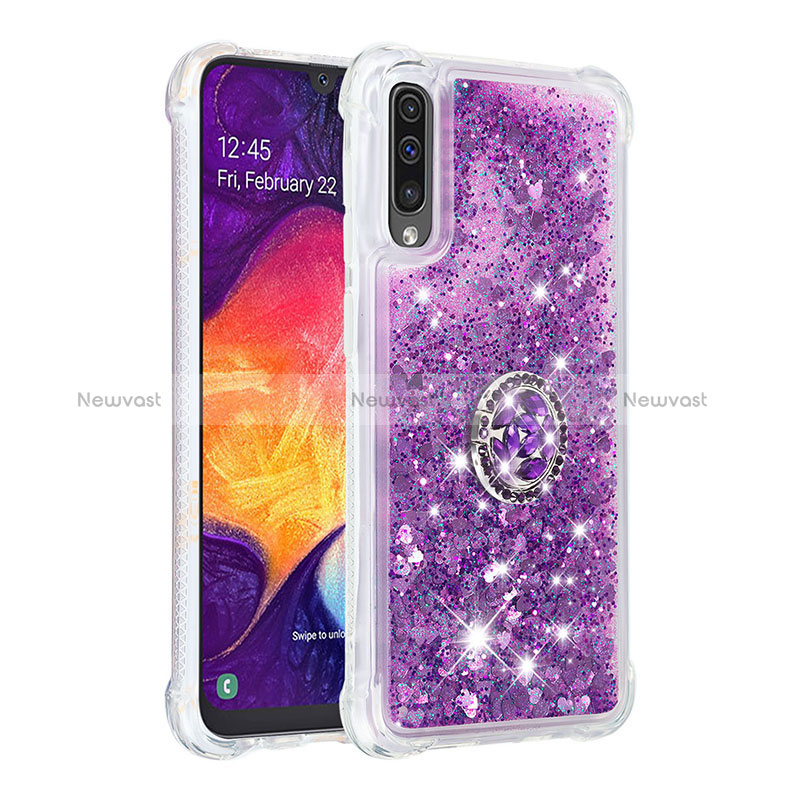 Silicone Candy Rubber TPU Bling-Bling Soft Case Cover with Finger Ring Stand S01 for Samsung Galaxy A50S Purple
