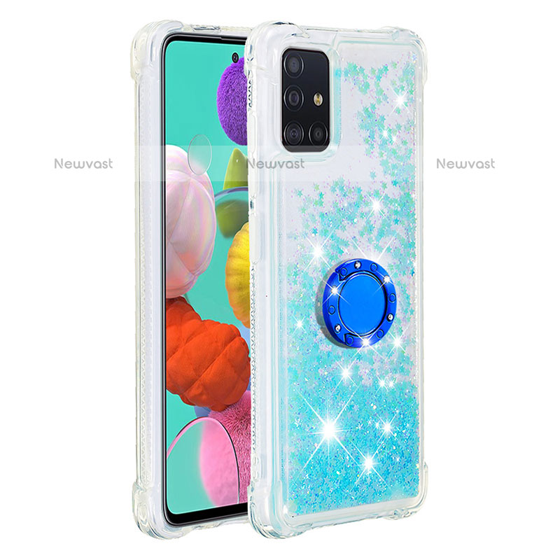 Silicone Candy Rubber TPU Bling-Bling Soft Case Cover with Finger Ring Stand S01 for Samsung Galaxy A51 4G Sky Blue