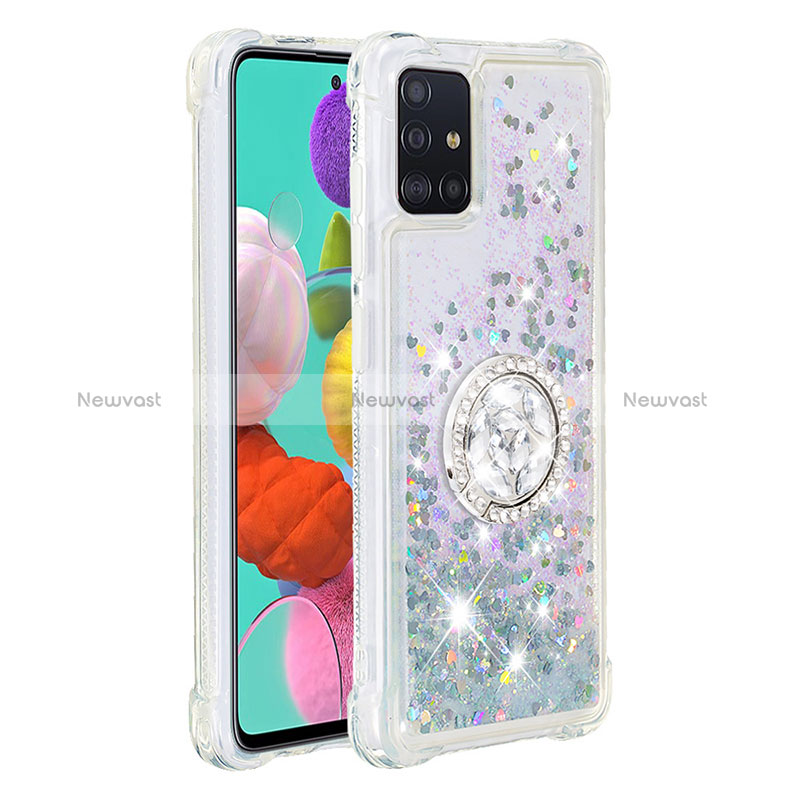 Silicone Candy Rubber TPU Bling-Bling Soft Case Cover with Finger Ring Stand S01 for Samsung Galaxy A51 5G Silver