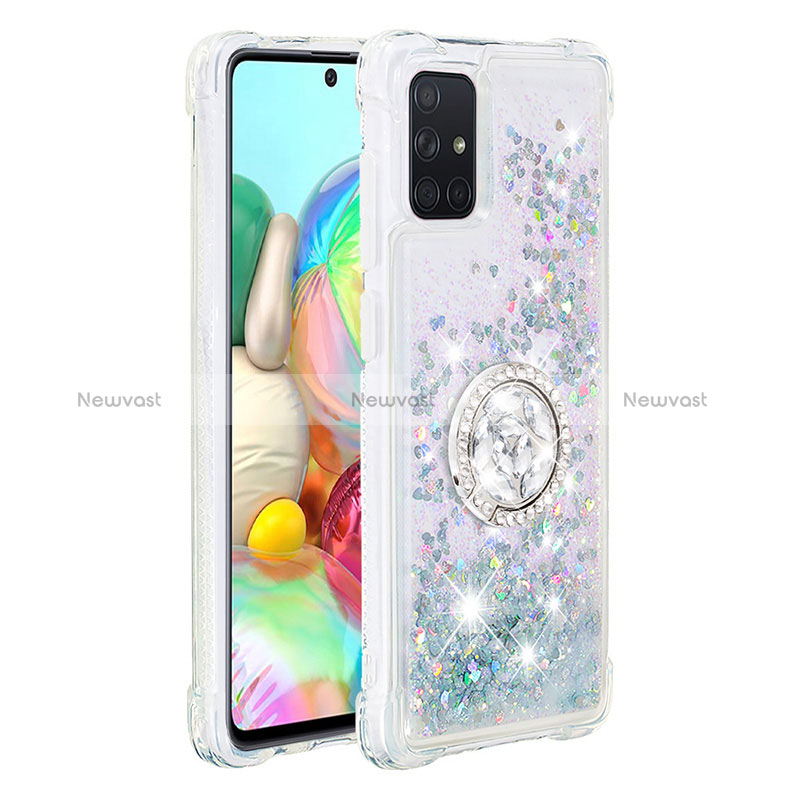 Silicone Candy Rubber TPU Bling-Bling Soft Case Cover with Finger Ring Stand S01 for Samsung Galaxy A71 5G Silver