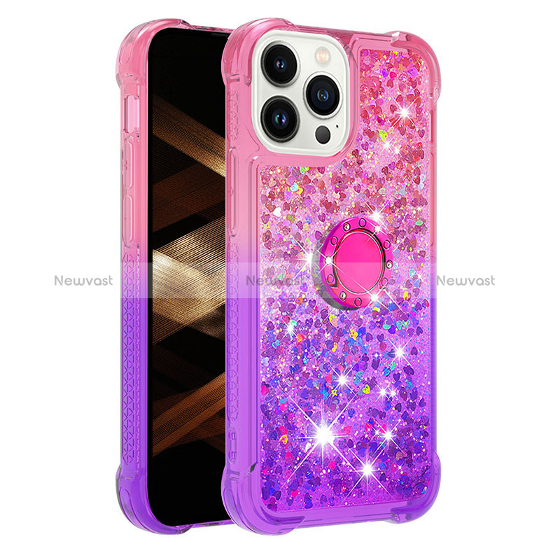 Silicone Candy Rubber TPU Bling-Bling Soft Case Cover with Finger Ring Stand S02 for Apple iPhone 13 Pro Hot Pink