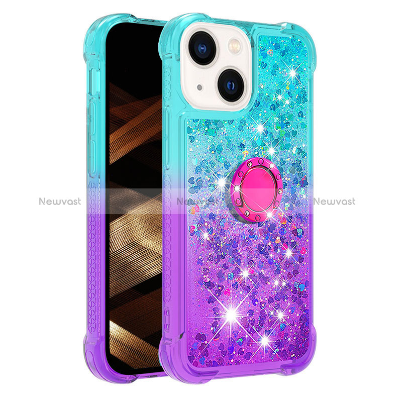 Silicone Candy Rubber TPU Bling-Bling Soft Case Cover with Finger Ring Stand S02 for Apple iPhone 13 Sky Blue