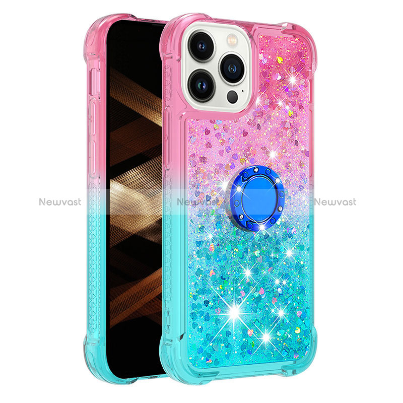 Silicone Candy Rubber TPU Bling-Bling Soft Case Cover with Finger Ring Stand S02 for Apple iPhone 14 Pro Pink
