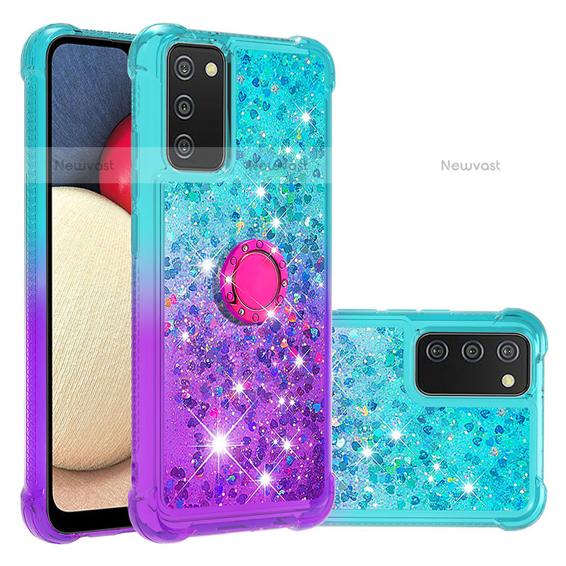 Silicone Candy Rubber TPU Bling-Bling Soft Case Cover with Finger Ring Stand S02 for Samsung Galaxy A02s Sky Blue