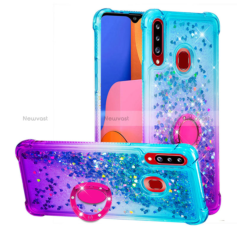 Silicone Candy Rubber TPU Bling-Bling Soft Case Cover with Finger Ring Stand S02 for Samsung Galaxy A20s Sky Blue