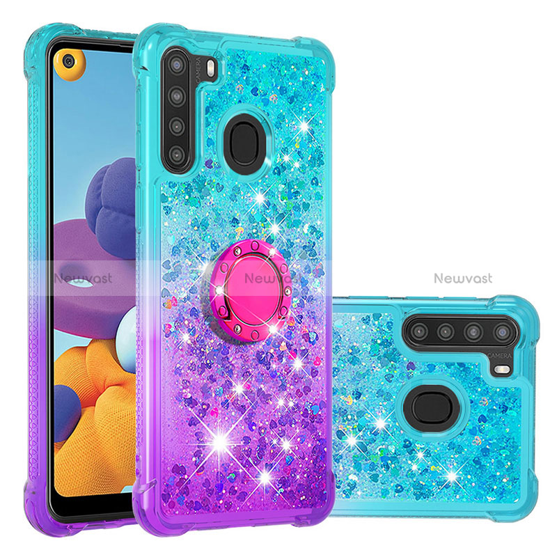 Silicone Candy Rubber TPU Bling-Bling Soft Case Cover with Finger Ring Stand S02 for Samsung Galaxy A21 Sky Blue