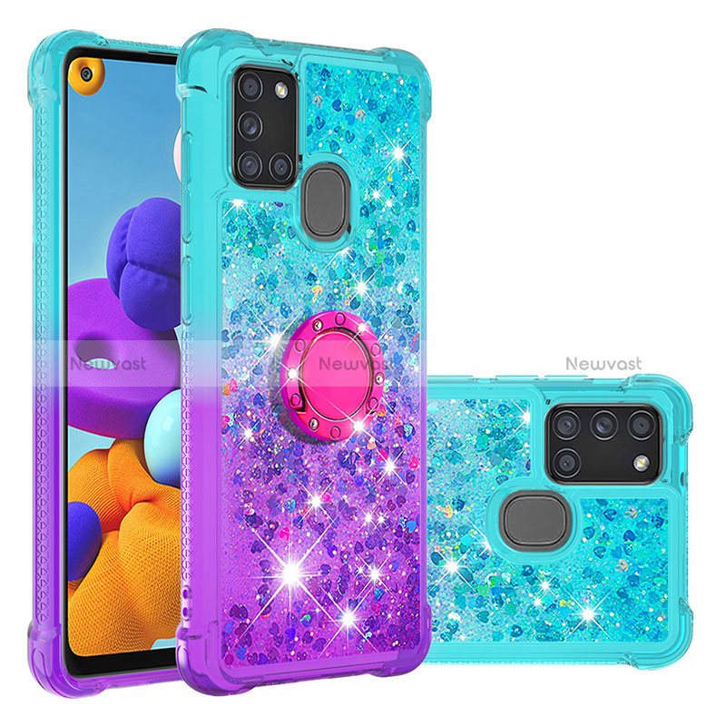 Silicone Candy Rubber TPU Bling-Bling Soft Case Cover with Finger Ring Stand S02 for Samsung Galaxy A21s Sky Blue