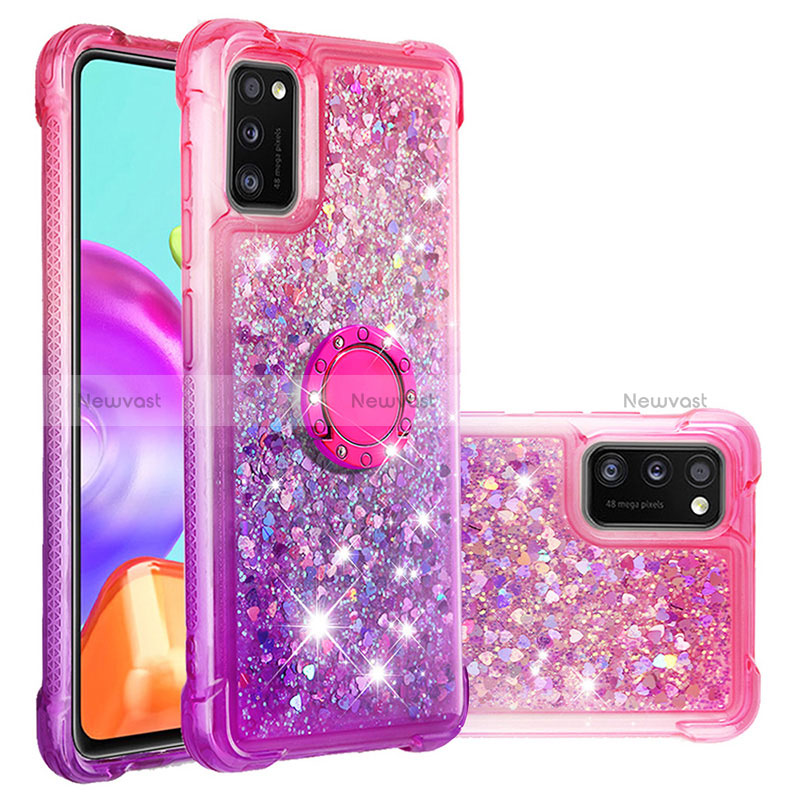 Silicone Candy Rubber TPU Bling-Bling Soft Case Cover with Finger Ring Stand S02 for Samsung Galaxy A41 Hot Pink