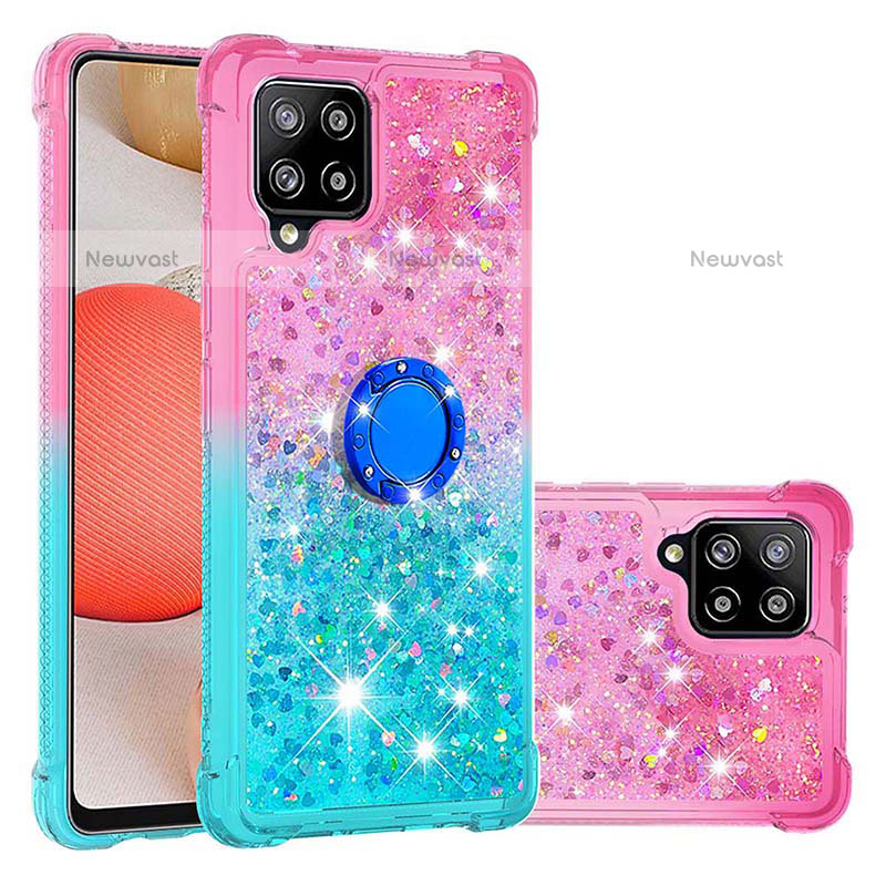 Silicone Candy Rubber TPU Bling-Bling Soft Case Cover with Finger Ring Stand S02 for Samsung Galaxy A42 5G Pink