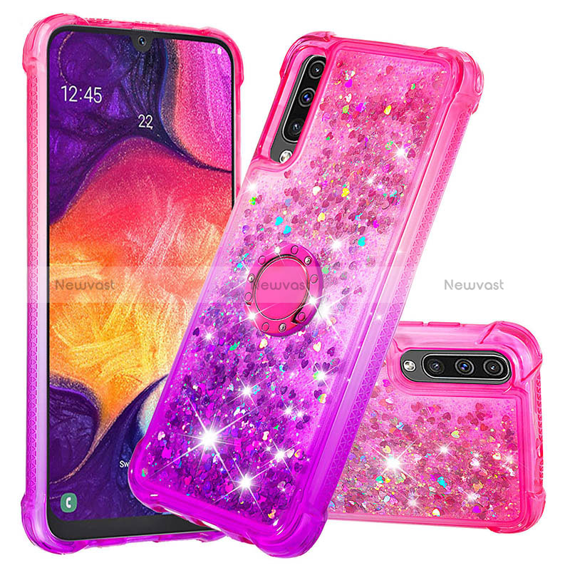 Silicone Candy Rubber TPU Bling-Bling Soft Case Cover with Finger Ring Stand S02 for Samsung Galaxy A50 Hot Pink