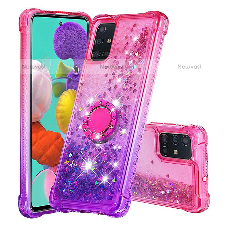 Silicone Candy Rubber TPU Bling-Bling Soft Case Cover with Finger Ring Stand S02 for Samsung Galaxy A51 4G Hot Pink