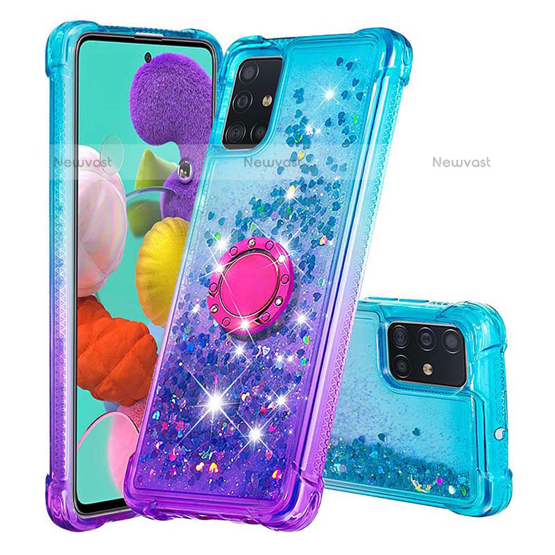 Silicone Candy Rubber TPU Bling-Bling Soft Case Cover with Finger Ring Stand S02 for Samsung Galaxy A51 4G Sky Blue