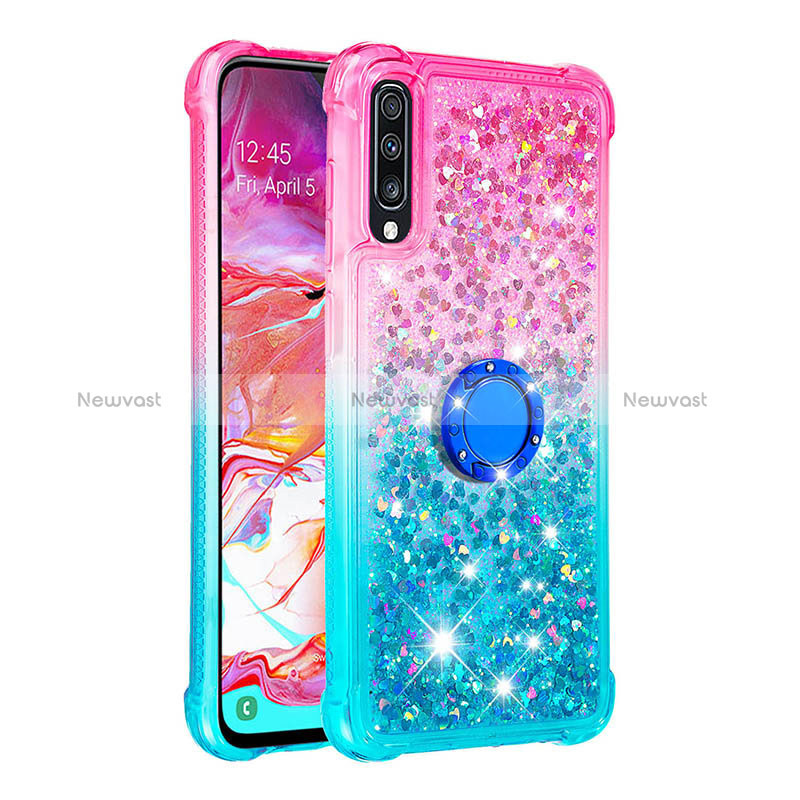 Silicone Candy Rubber TPU Bling-Bling Soft Case Cover with Finger Ring Stand S02 for Samsung Galaxy A70S Pink